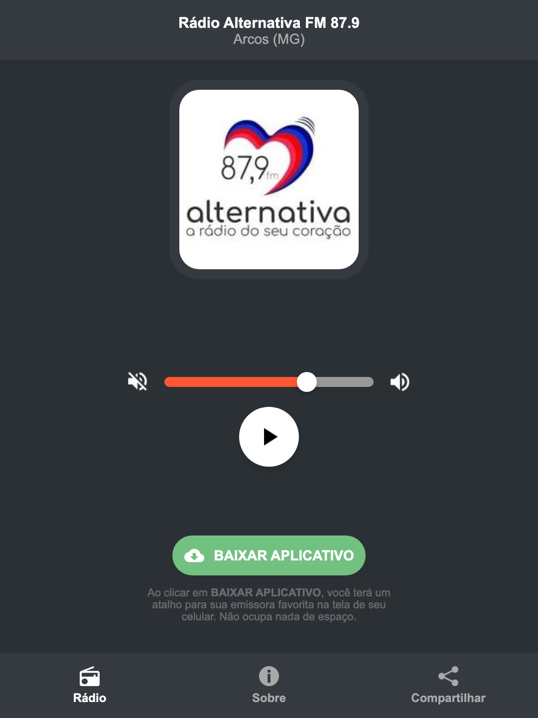 Screenshot do aplicativo da Rádio Alternativa FM 87.9