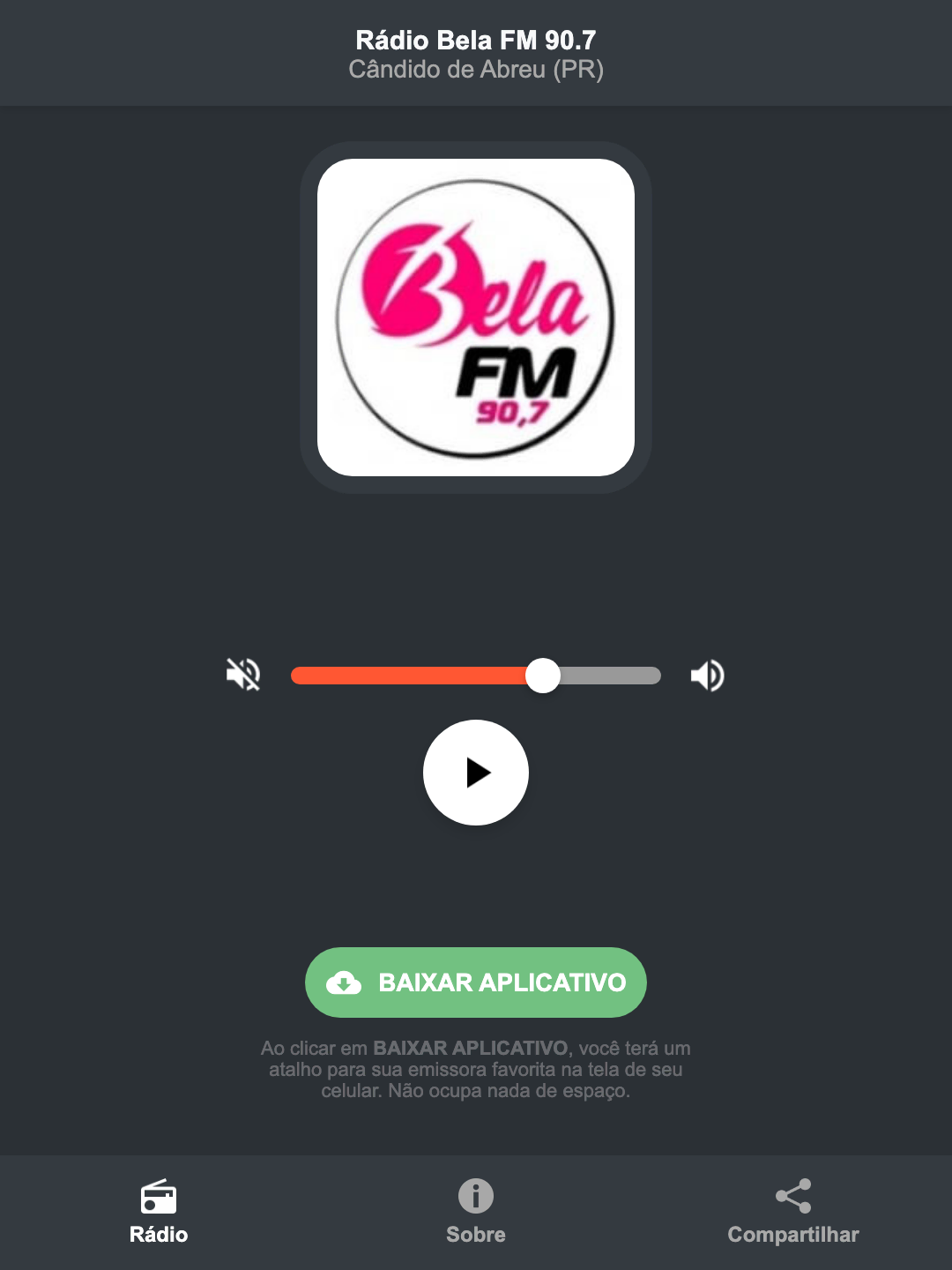 Screenshot do aplicativo da Rádio Bela FM 90.7