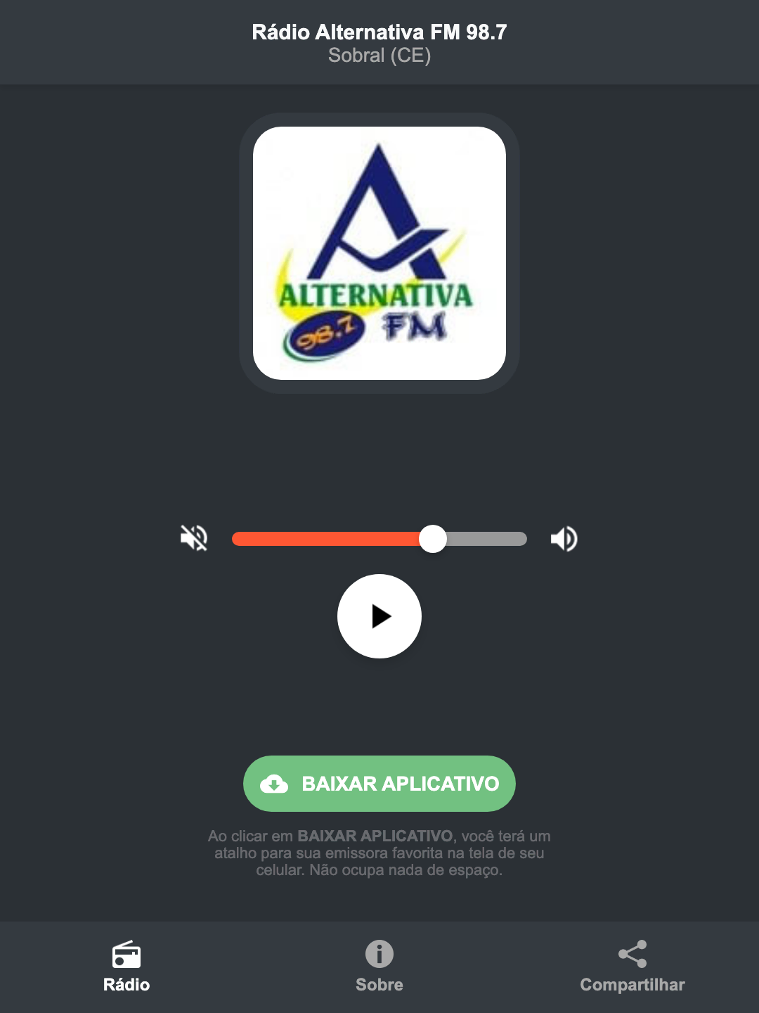 Screenshot do aplicativo da Rádio Alternativa FM 98.7