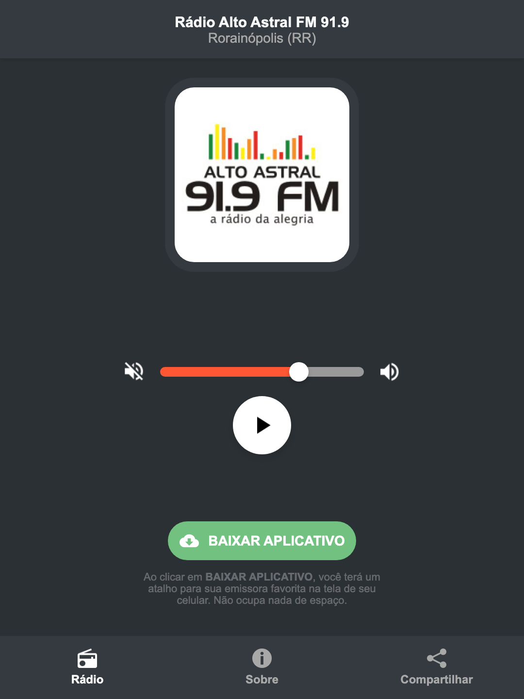 Screenshot do aplicativo da Rádio Alto Astral FM 91.9
