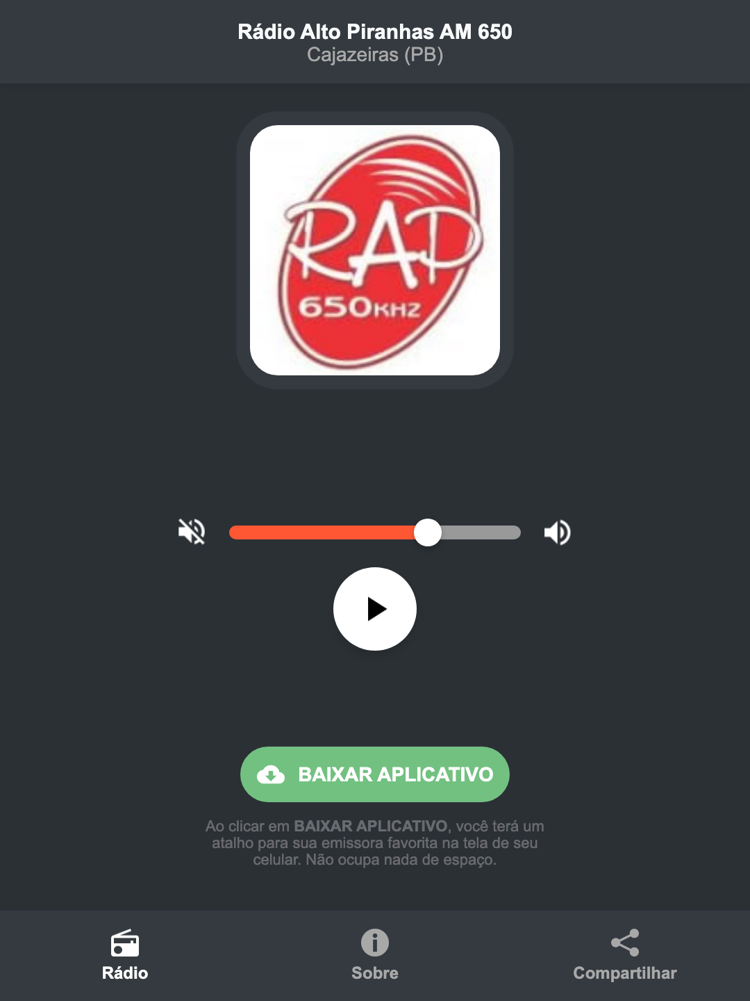 Screenshot do aplicativo da Rádio Alto Piranhas AM 650