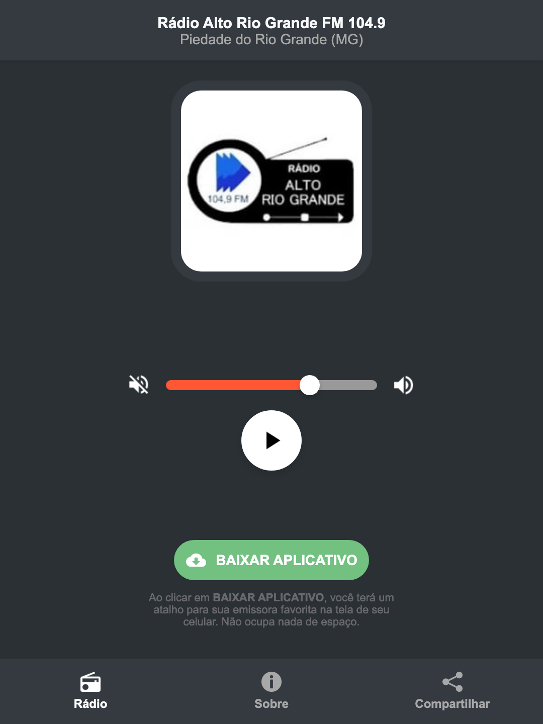 Screenshot do aplicativo da Rádio Alto Rio Grande FM 104.9