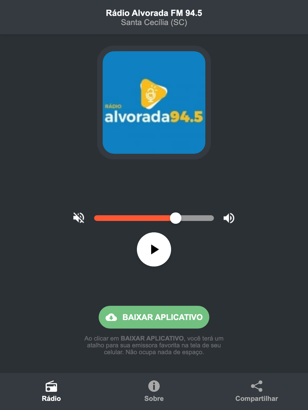 Screenshot do aplicativo da Rádio Alvorada FM 94.5