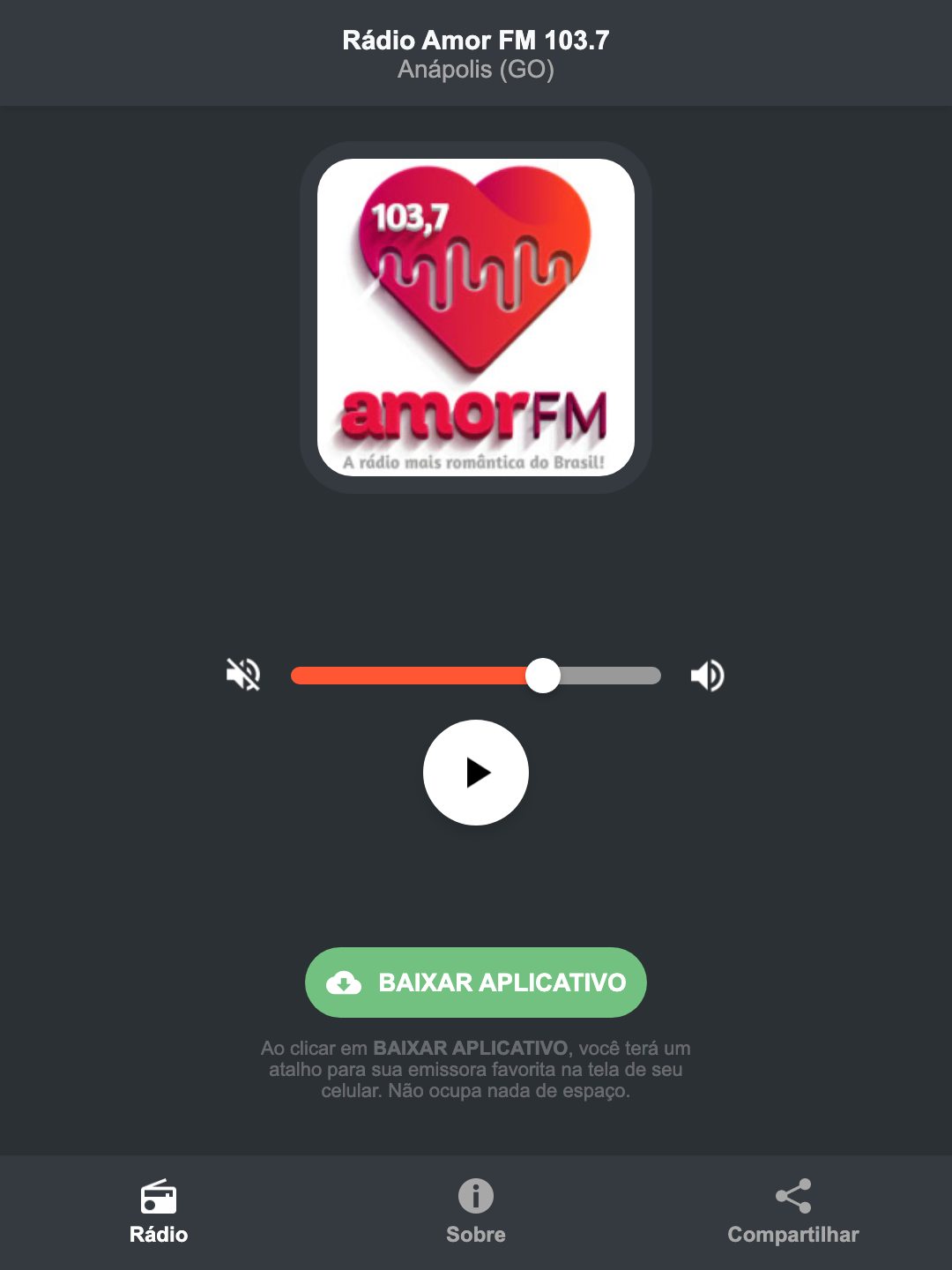 Screenshot do aplicativo da Rádio Amor FM 103.7