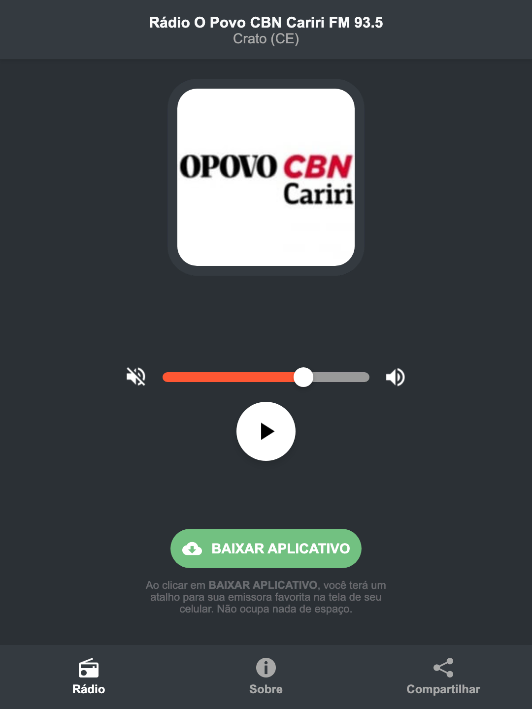 Screenshot do aplicativo da Rádio O Povo CBN Cariri FM 93.5