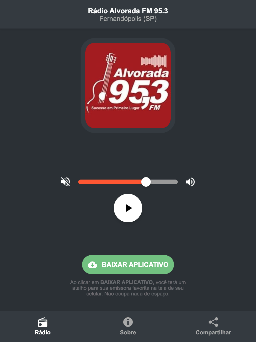 Screenshot do aplicativo da Rádio Alvorada FM 95.3