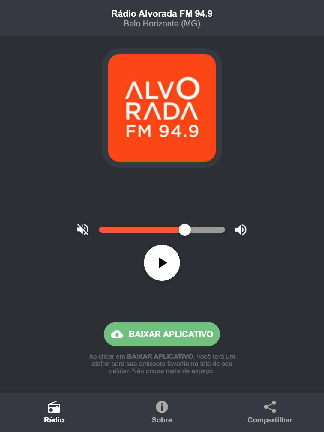 Screenshot do aplicativo da Rádio Alvorada FM 94.9