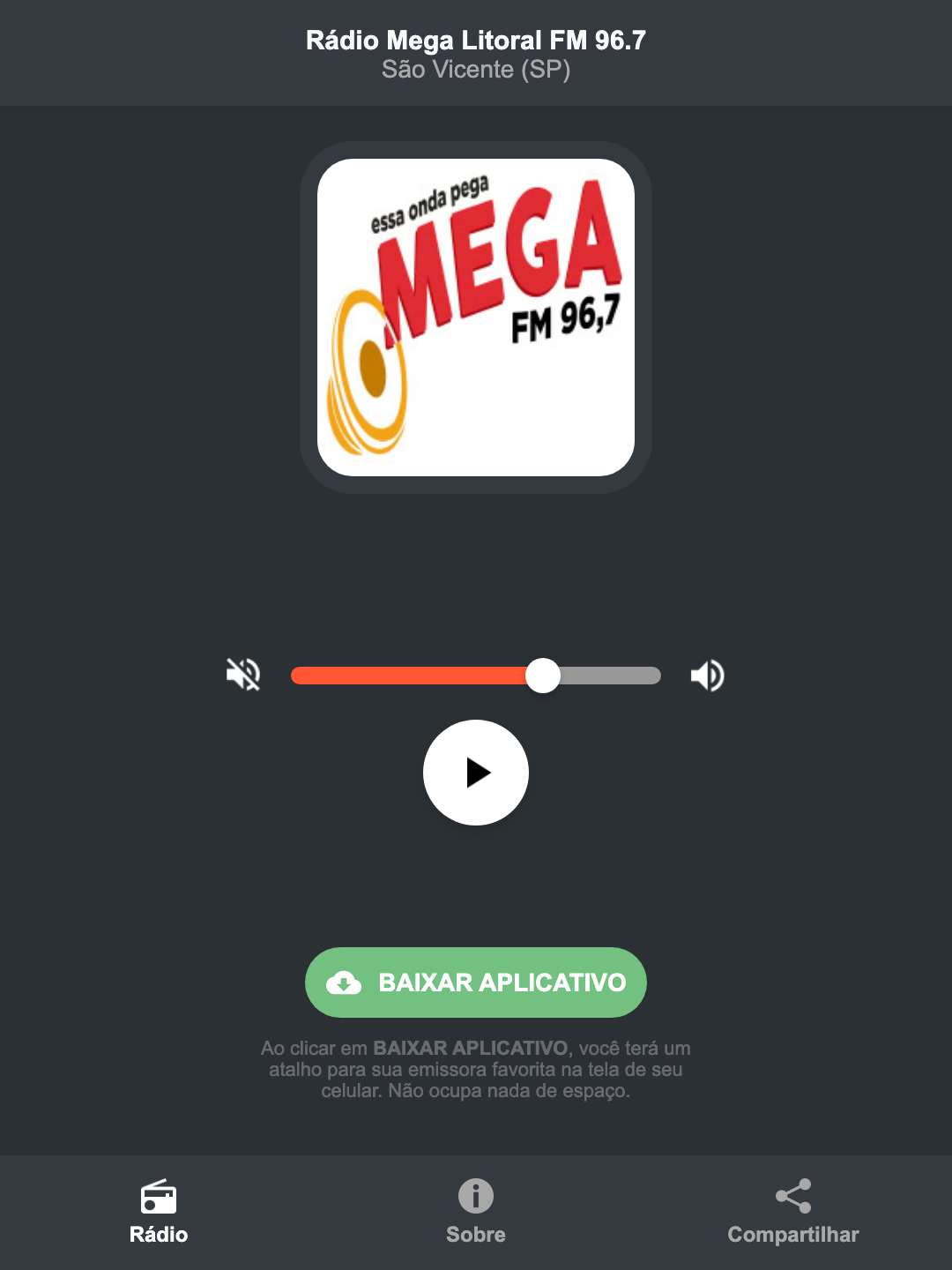 Screenshot do aplicativo da Rádio Mega Litoral FM 96.7