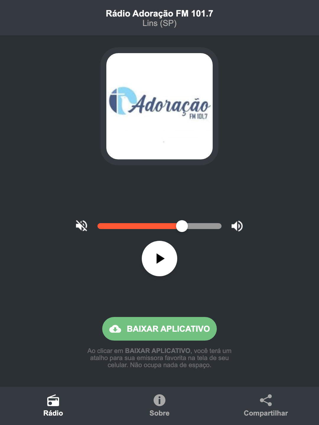 Screenshot do aplicativo da Rádio Adoração FM 101.7