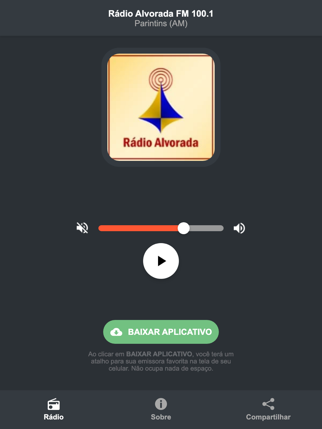 Screenshot do aplicativo da Rádio Alvorada FM 100.1