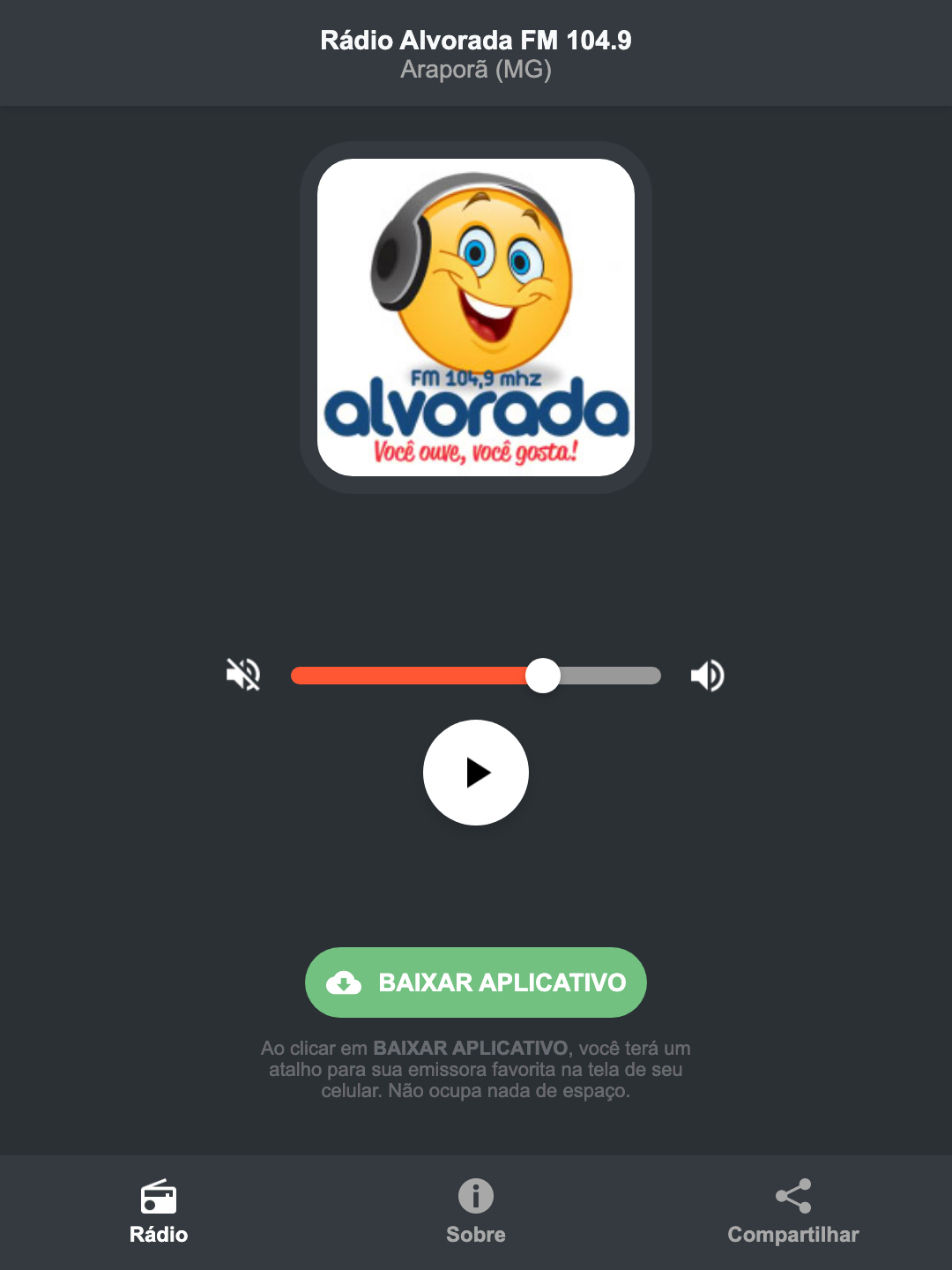 Screenshot do aplicativo da Rádio Alvorada FM 104.9
