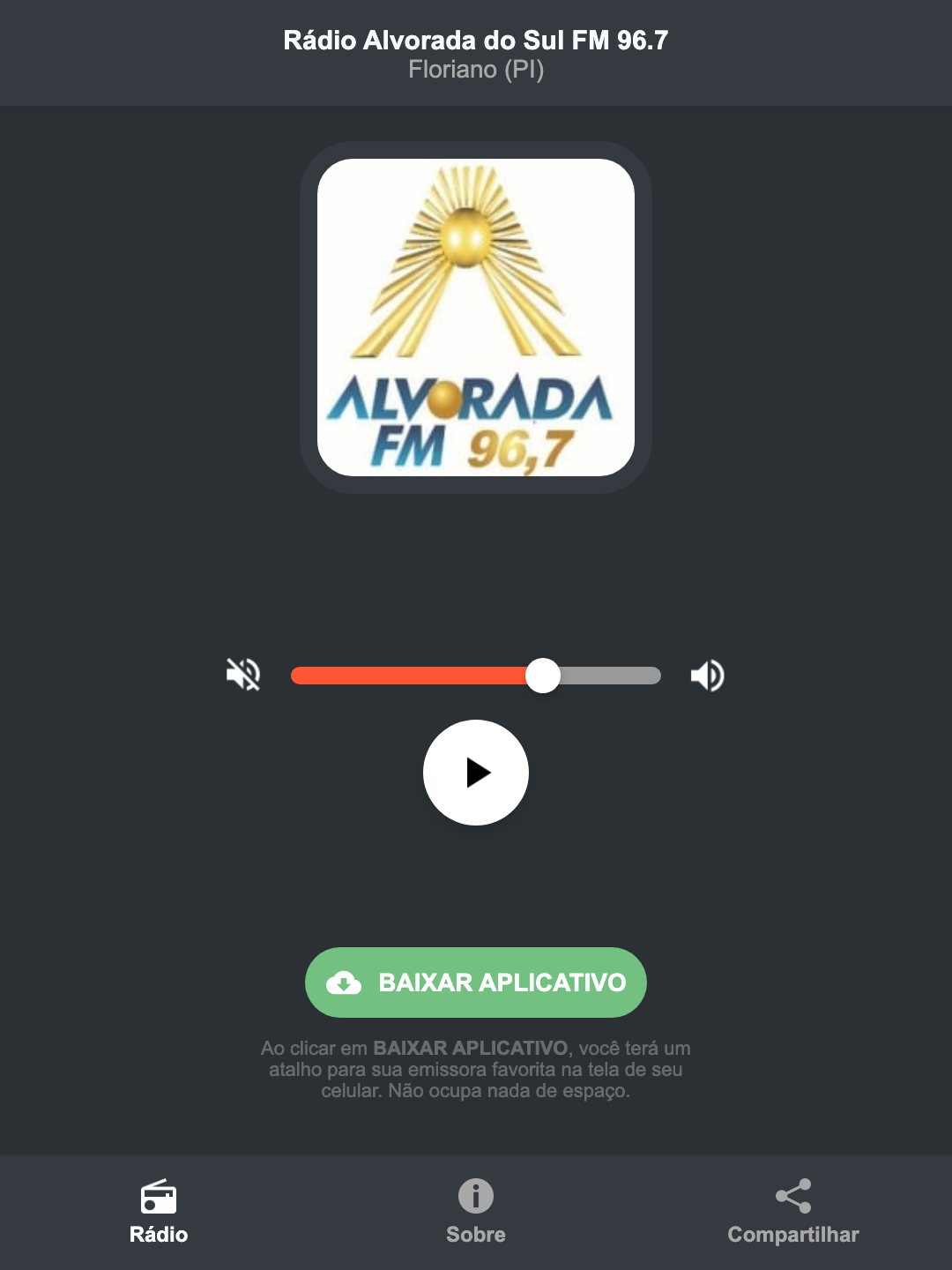 Screenshot do aplicativo da Rádio Alvorada do Sul FM 96.7
