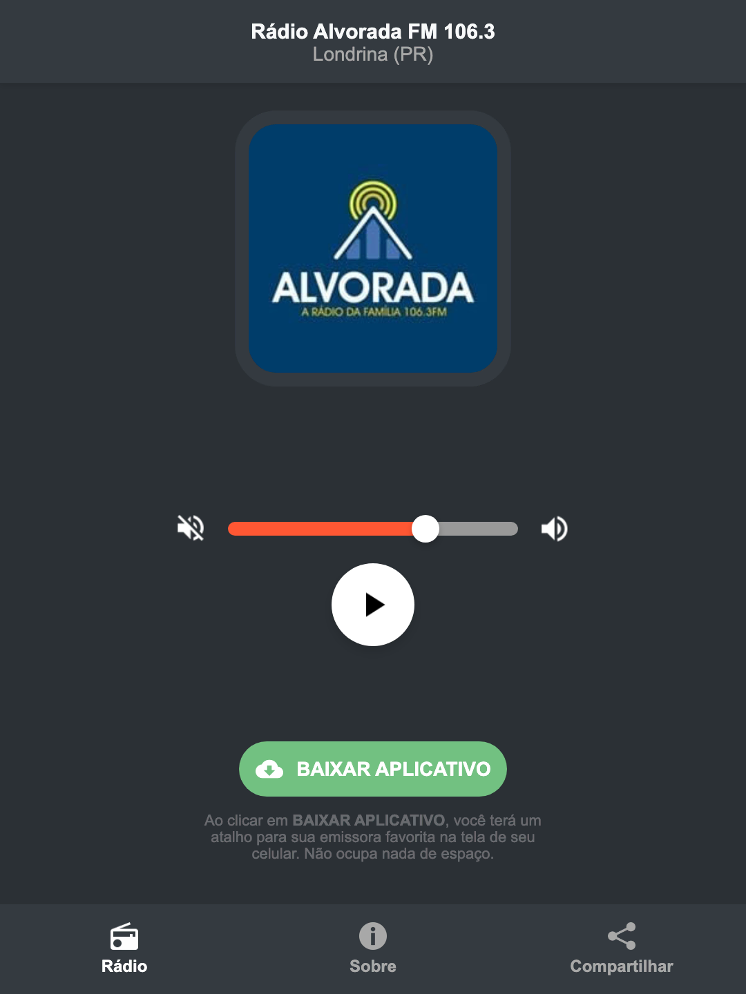 Screenshot do aplicativo da Rádio Alvorada FM 106.3