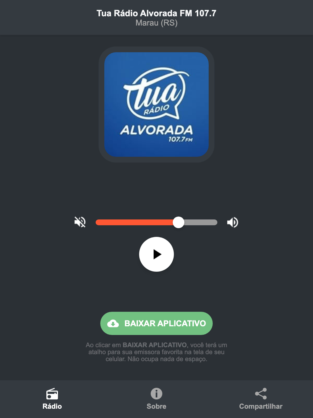 Screenshot do aplicativo da Tua Rádio Alvorada FM 107.7