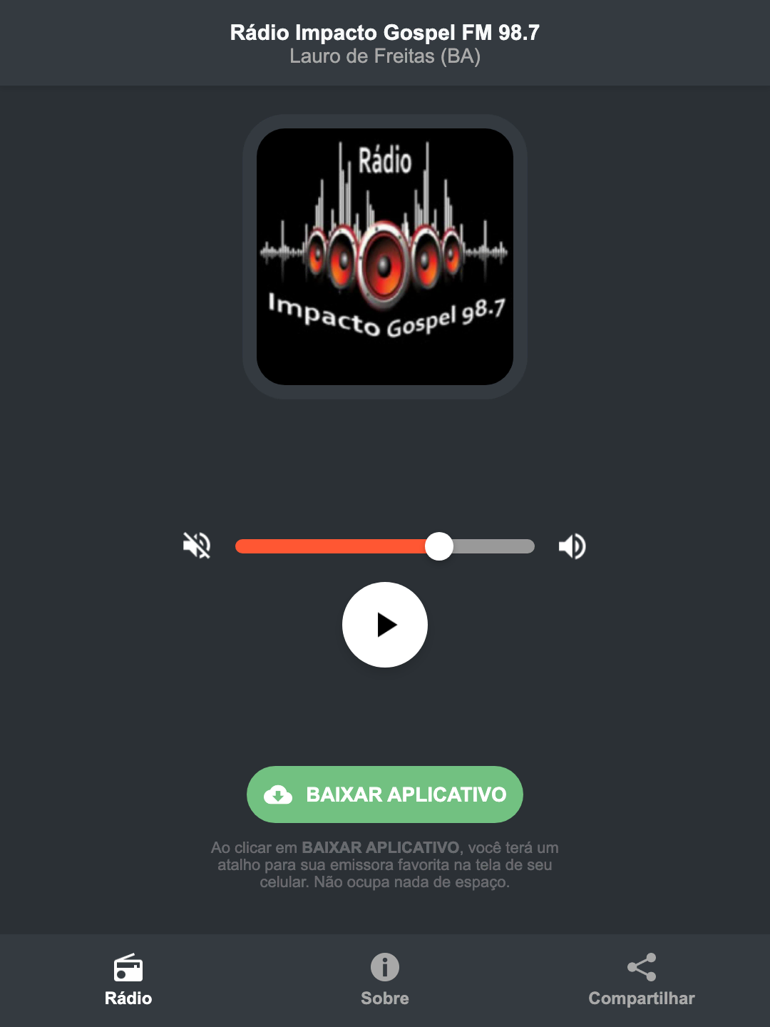 Screenshot do aplicativo da Rádio Impacto Gospel FM 98.7