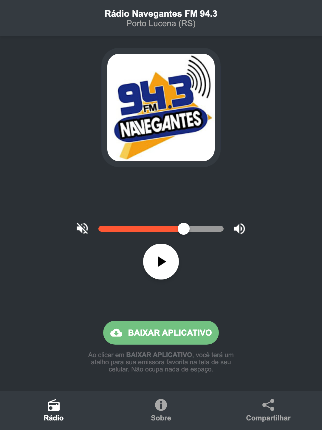 Screenshot do aplicativo da Rádio Navegantes FM 94.3