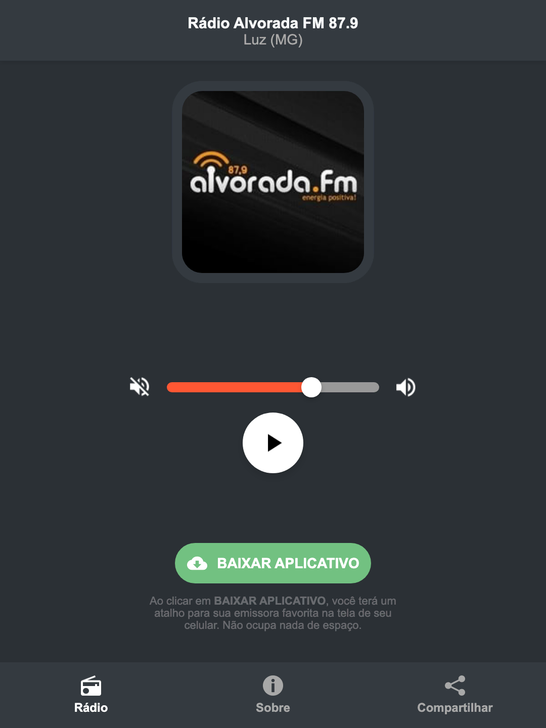 Screenshot do aplicativo da Rádio Alvorada FM 87.9