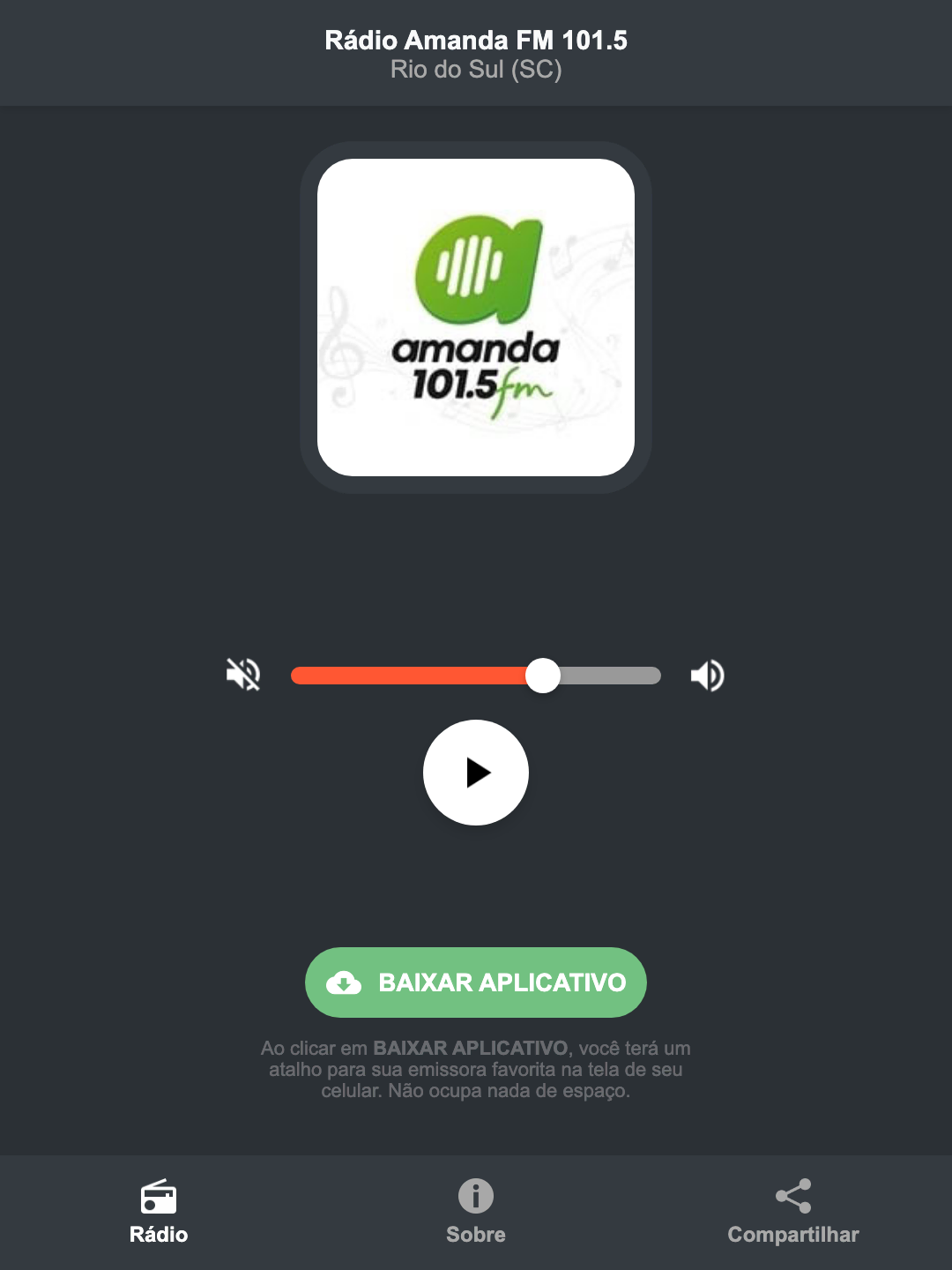 Screenshot do aplicativo da Rádio Amanda FM 101.5