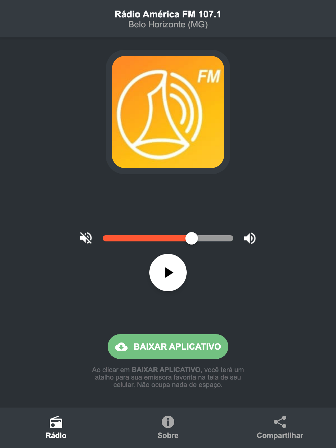 Screenshot do aplicativo da Rádio América FM 107.1