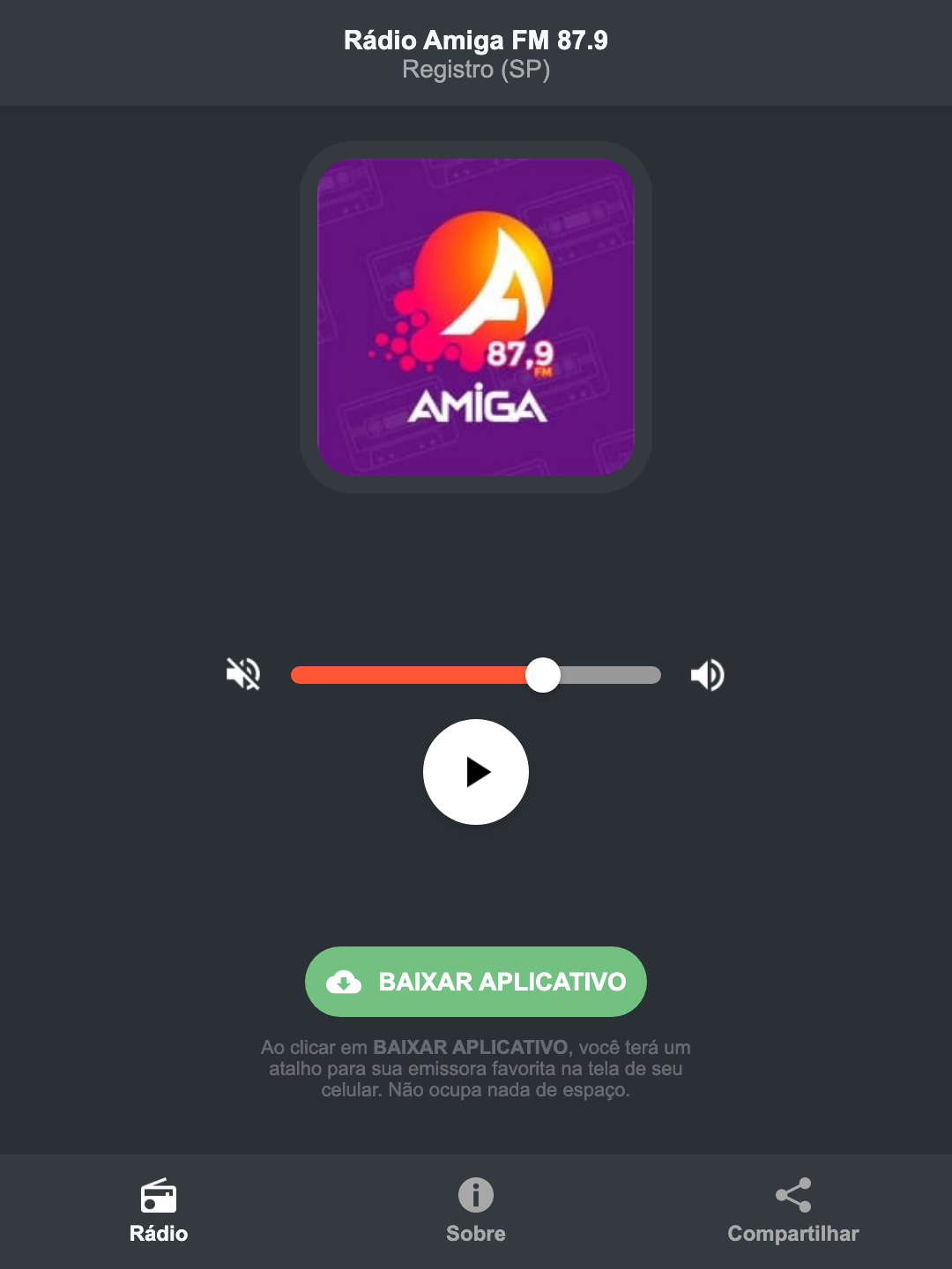 Screenshot do aplicativo da Rádio Amiga FM 87.9