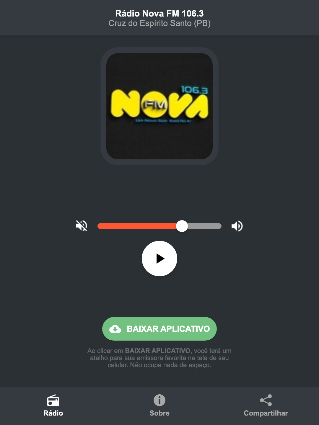 Screenshot do aplicativo da Rádio Nova FM 106.3