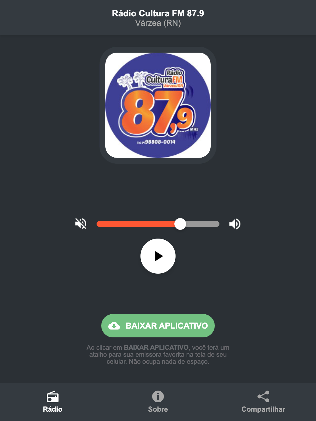 Screenshot do aplicativo da Rádio Cultura FM 87.9