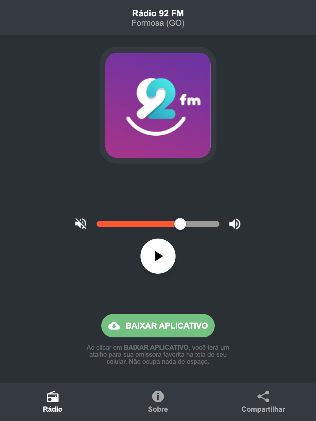 Screenshot do aplicativo da Rádio 92 FM