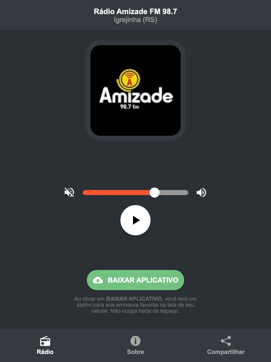 Screenshot do aplicativo da Rádio Amizade FM 98.7