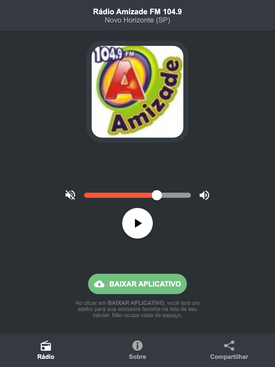 Screenshot do aplicativo da Rádio Amizade FM 104.9