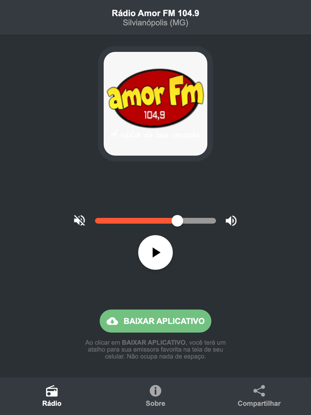 Screenshot do aplicativo da Rádio Amor FM 104.9