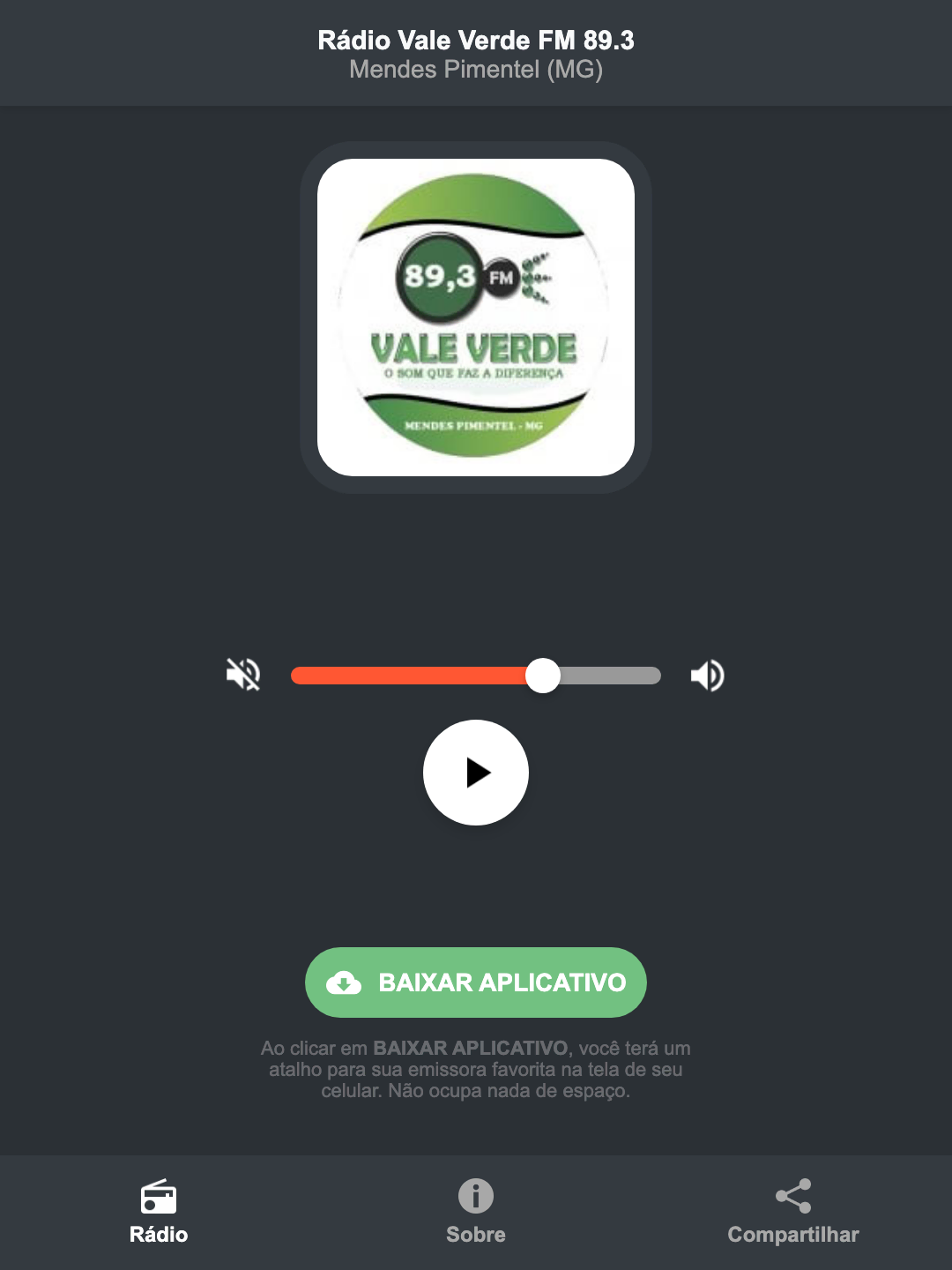 Screenshot do aplicativo da Rádio Vale Verde FM 89.3