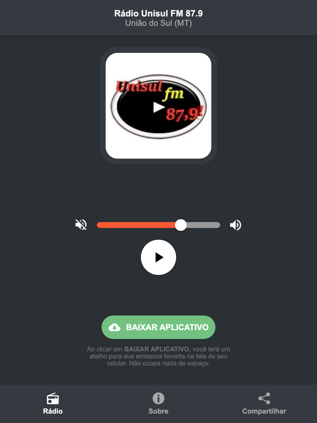 Screenshot do aplicativo da Rádio Unisul FM 87.9