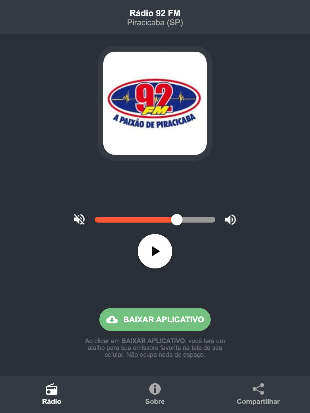 Screenshot do aplicativo da Rádio 92 FM