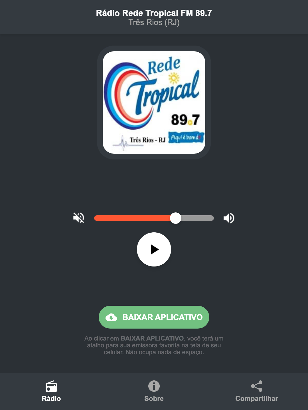 Screenshot do aplicativo da Rádio Rede Tropical FM 89.7