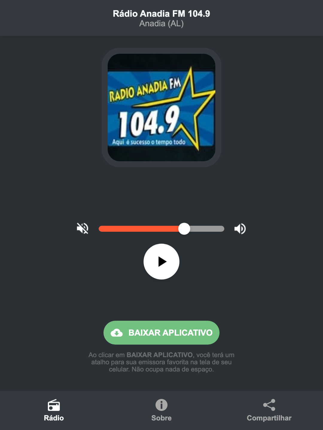 Screenshot do aplicativo da Rádio Anadia FM 104.9