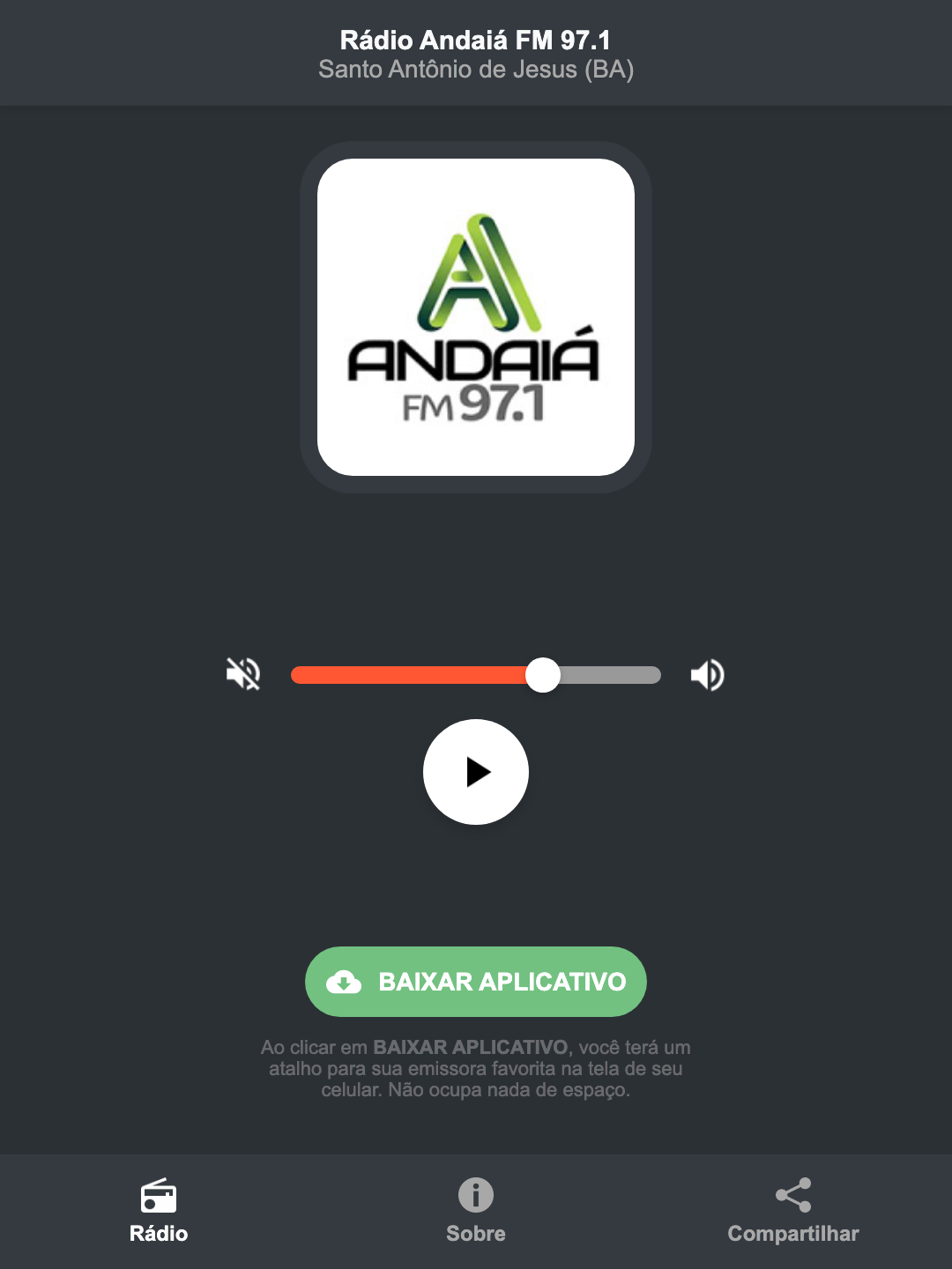 Screenshot do aplicativo da Rádio Andaiá FM 97.1