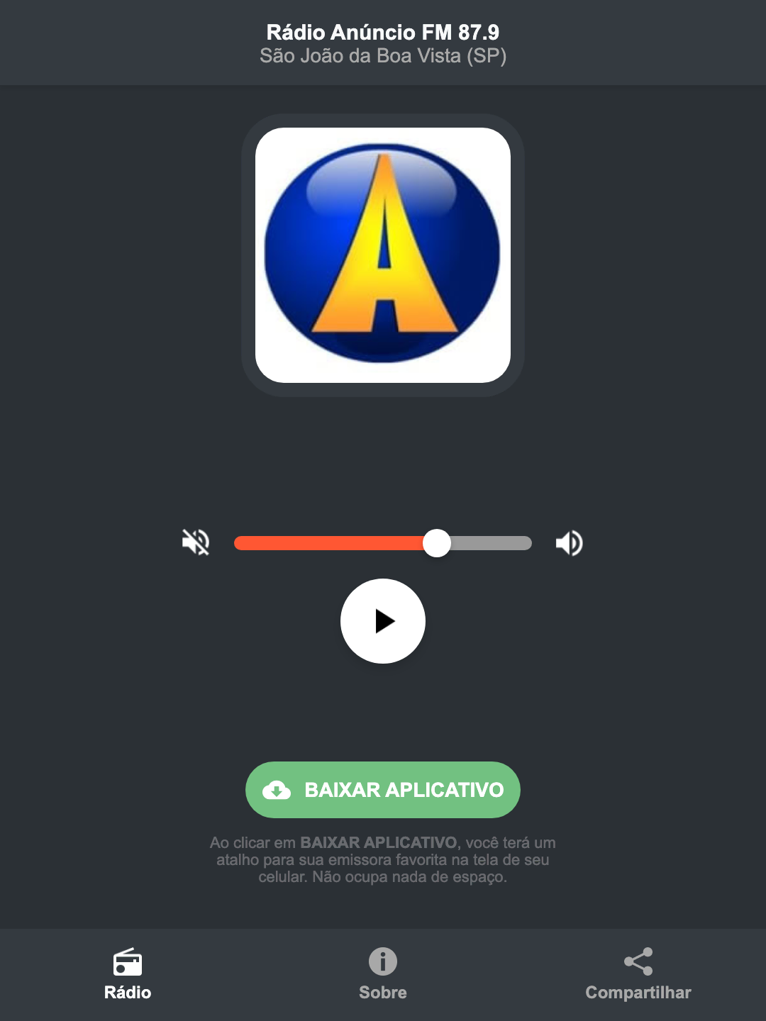 Screenshot do aplicativo da Rádio Anúncio FM 87.9