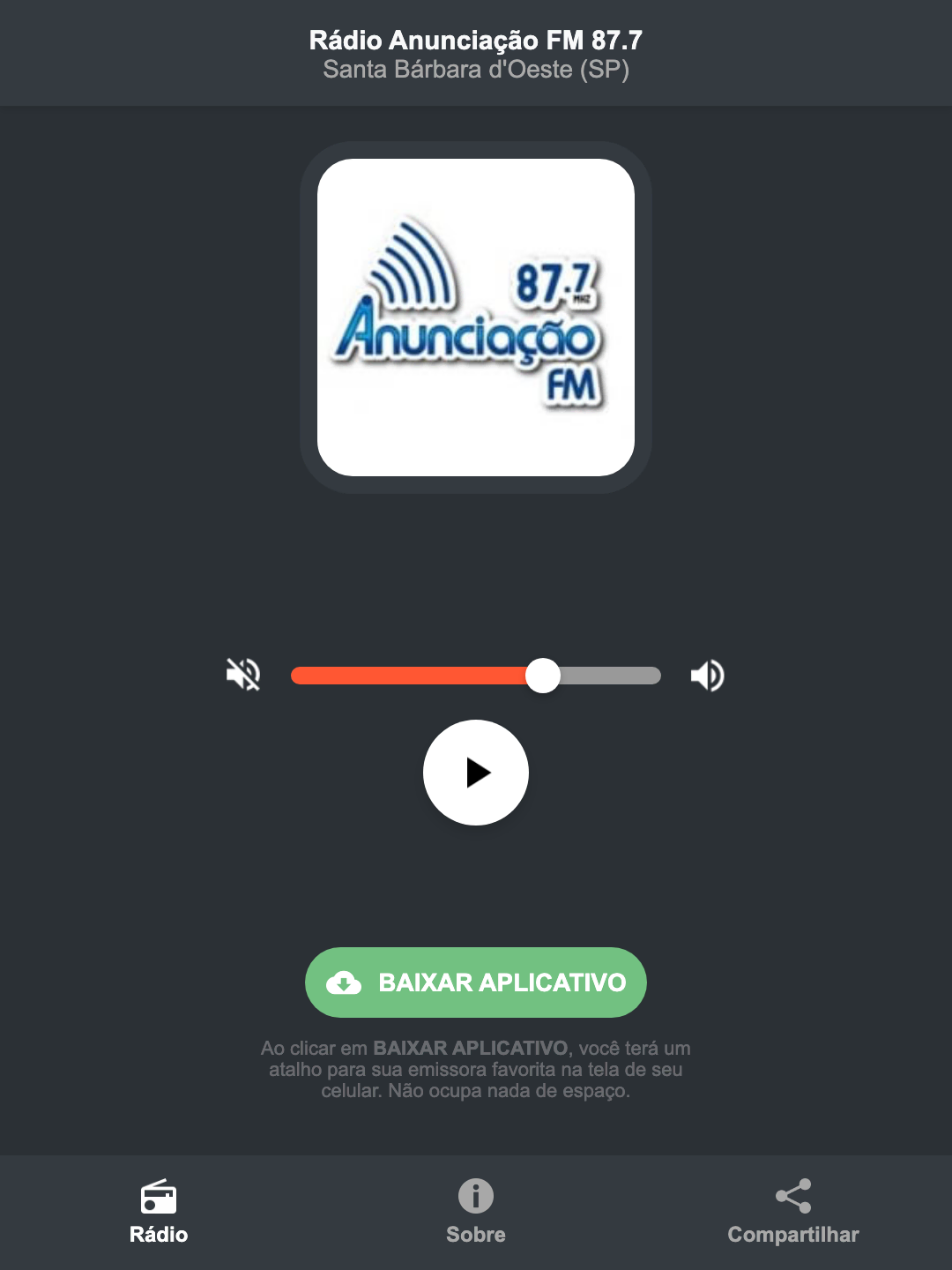 Screenshot do aplicativo da Rádio Anunciação FM 87.7