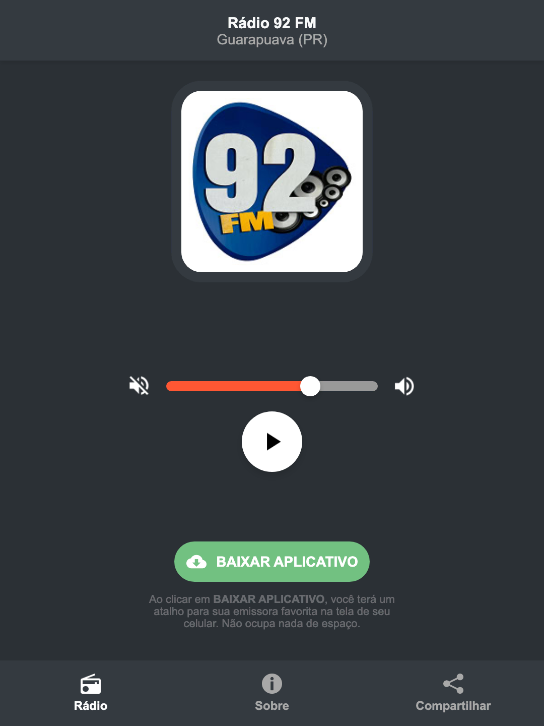 Screenshot do aplicativo da Rádio 92 FM