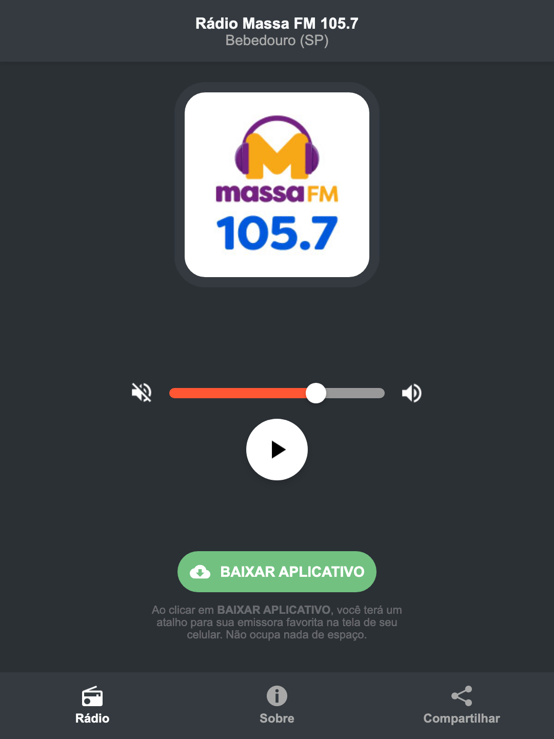 Screenshot do aplicativo da Rádio Massa FM 105.7