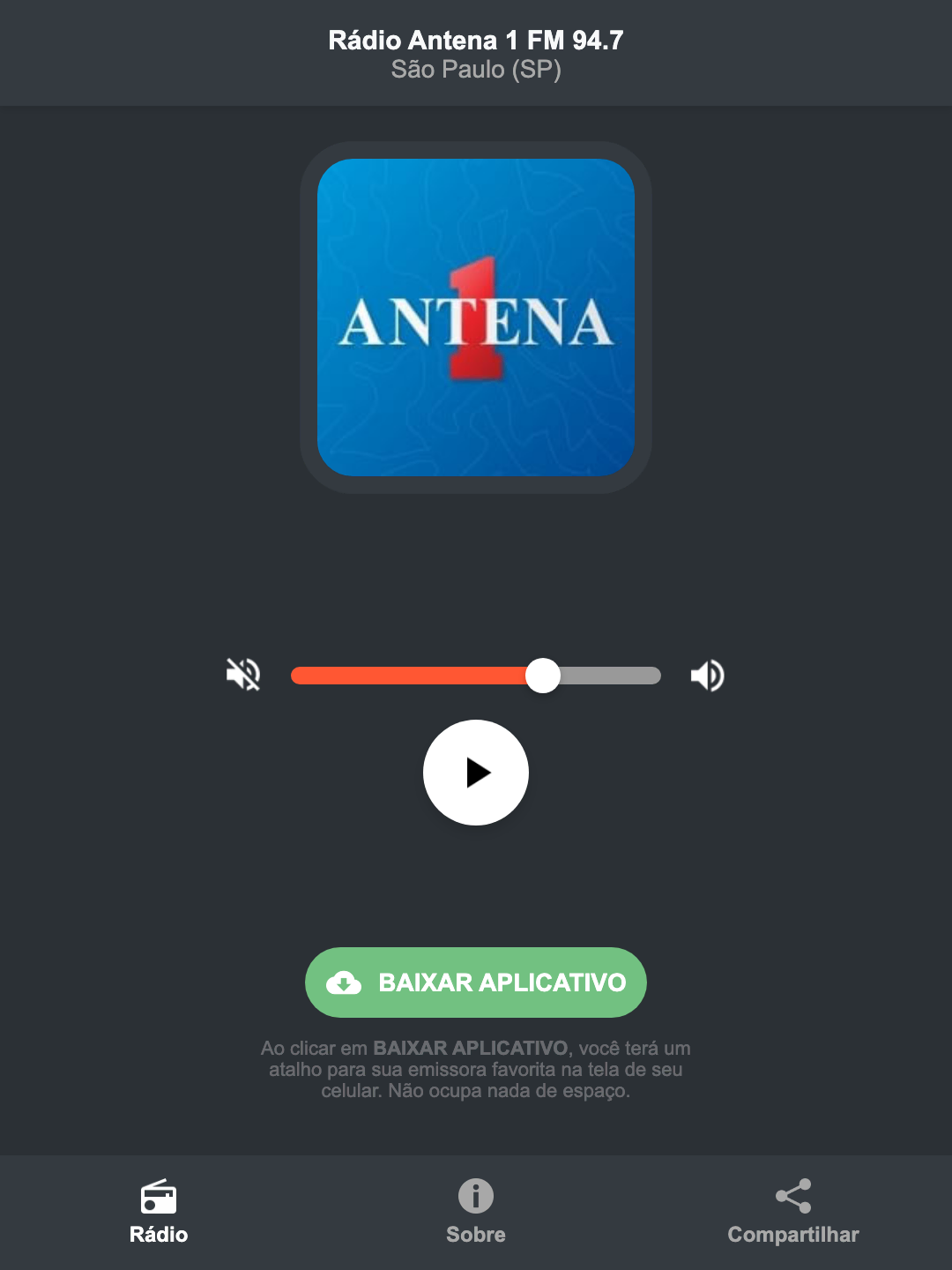 Screenshot do aplicativo da Rádio Antena 1 FM 94.7