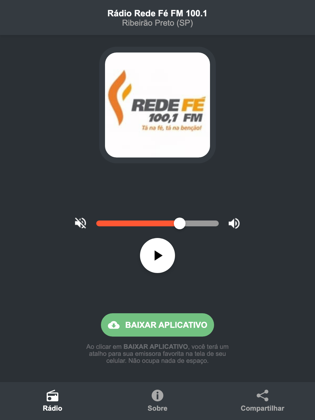 Screenshot do aplicativo da Rádio Rede Fé FM 100.1