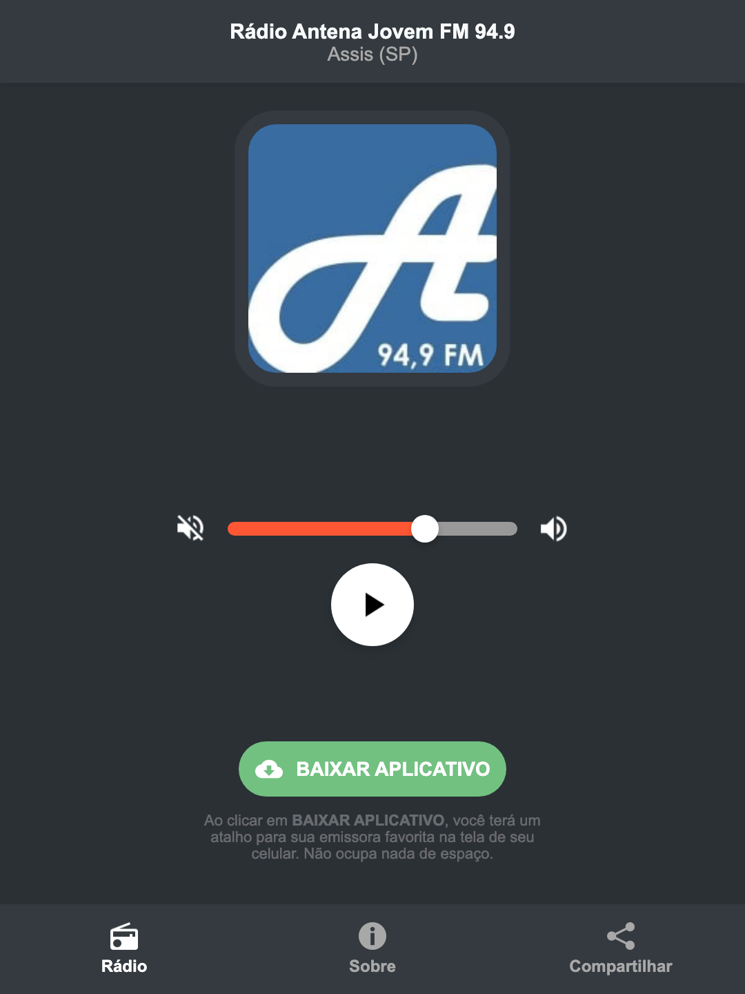 Screenshot do aplicativo da Rádio Antena Jovem FM 94.9