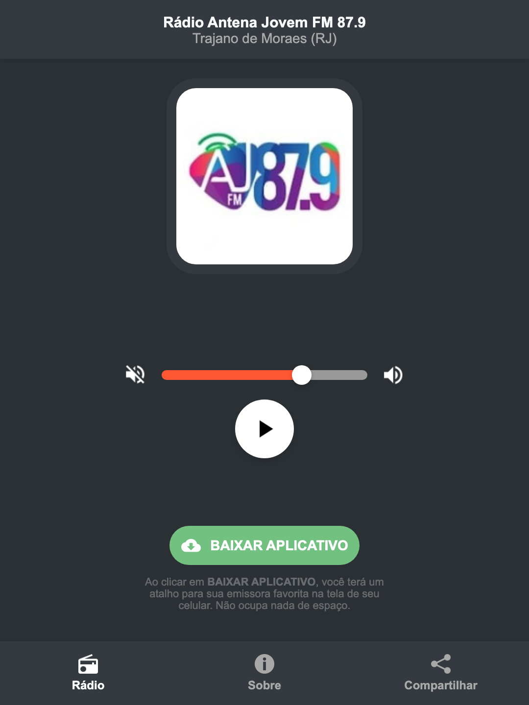 Screenshot do aplicativo da Rádio Antena Jovem FM 87.9