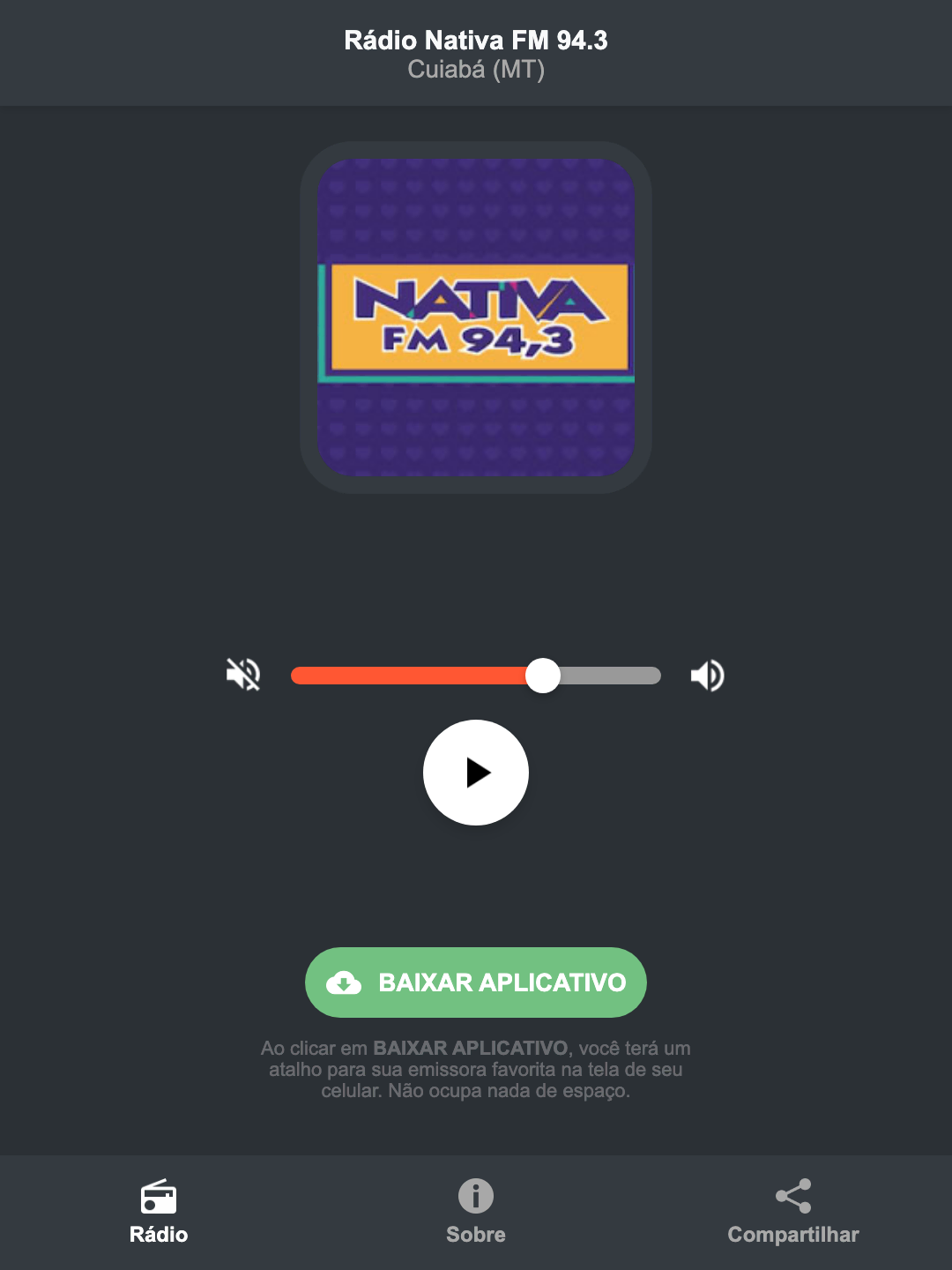 Screenshot do aplicativo da Rádio Nativa FM 94.3