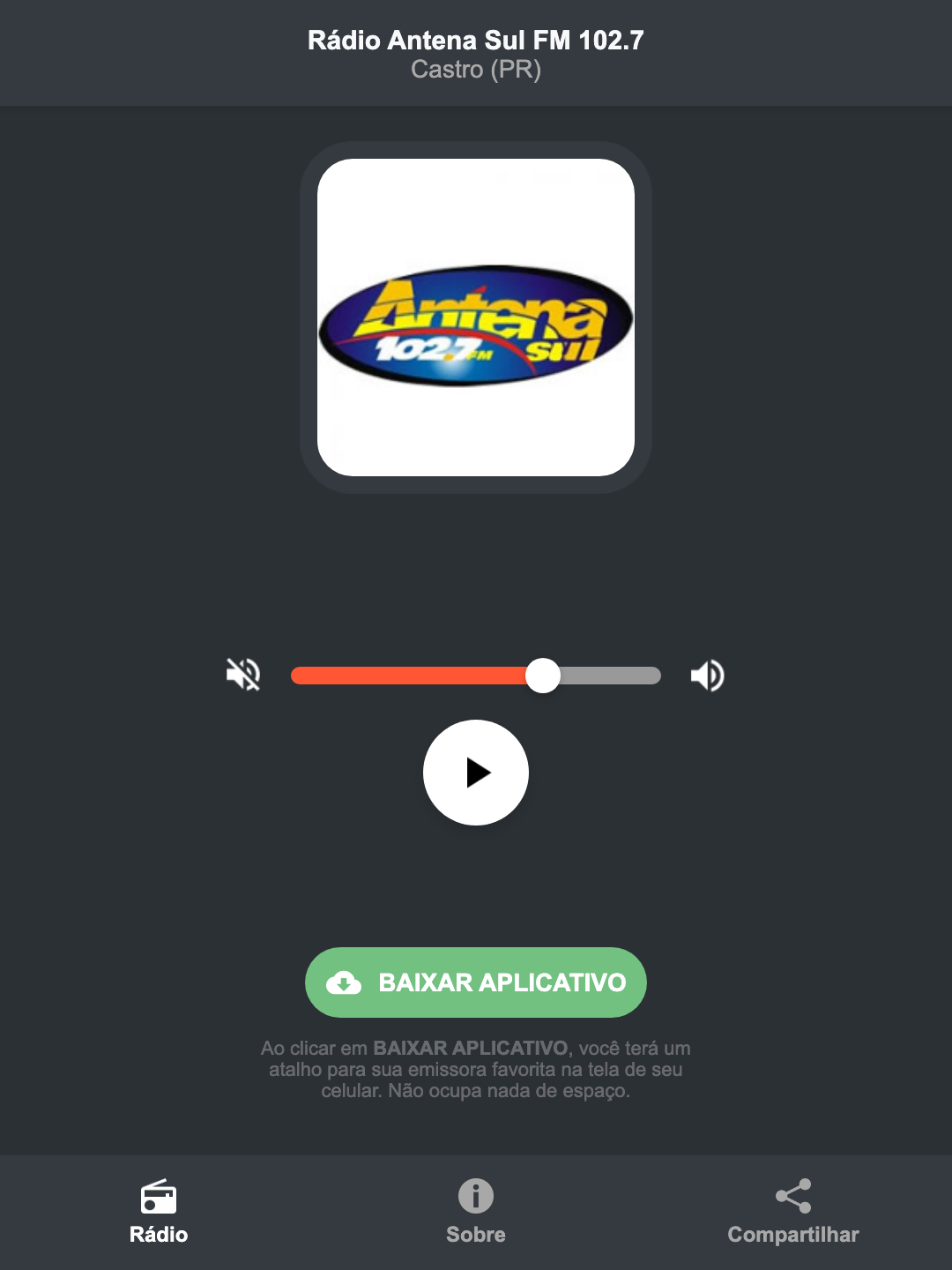 Screenshot do aplicativo da Rádio Antena Sul FM 102.7