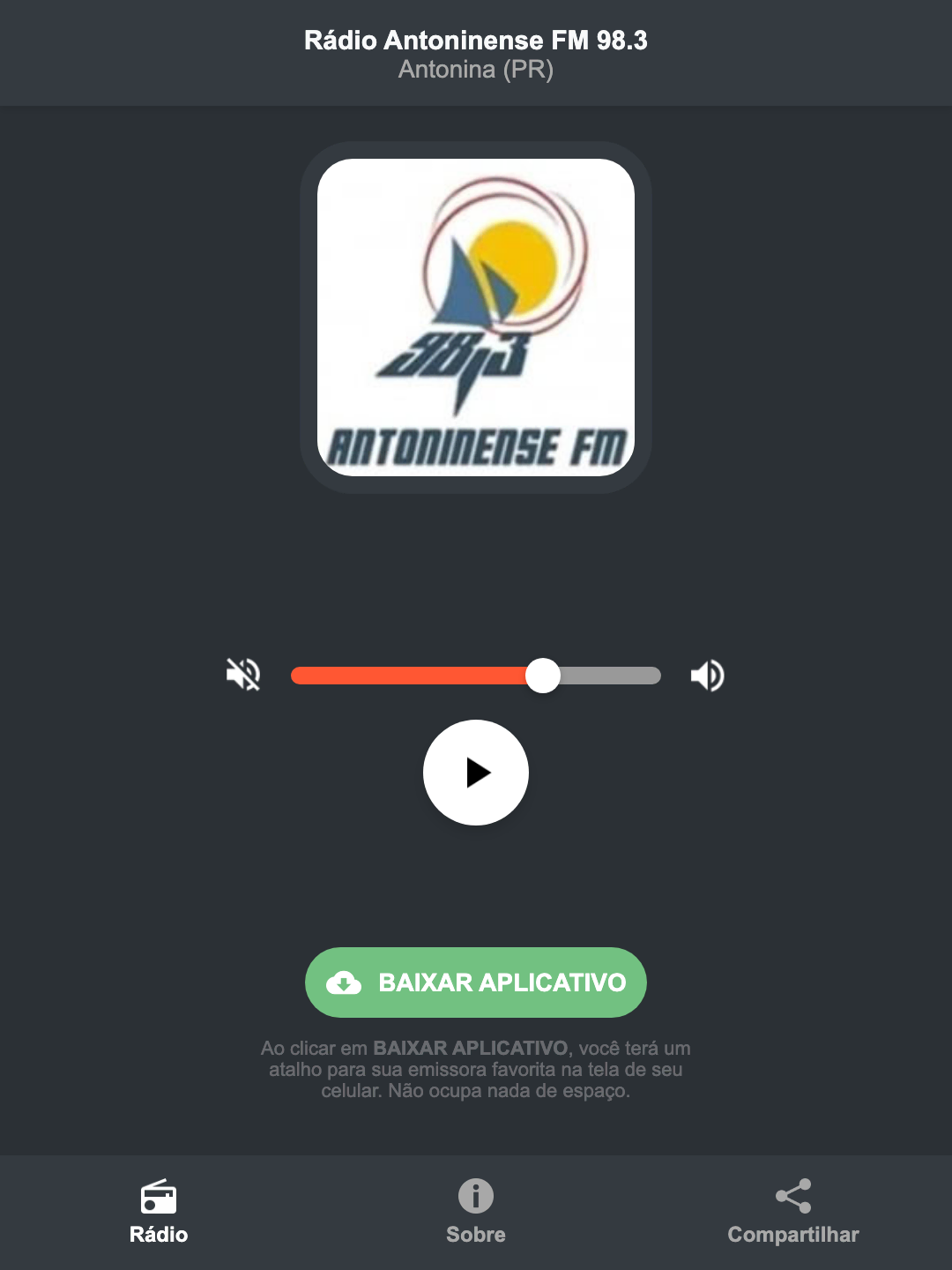 Screenshot do aplicativo da Rádio Antoninense FM 98.3