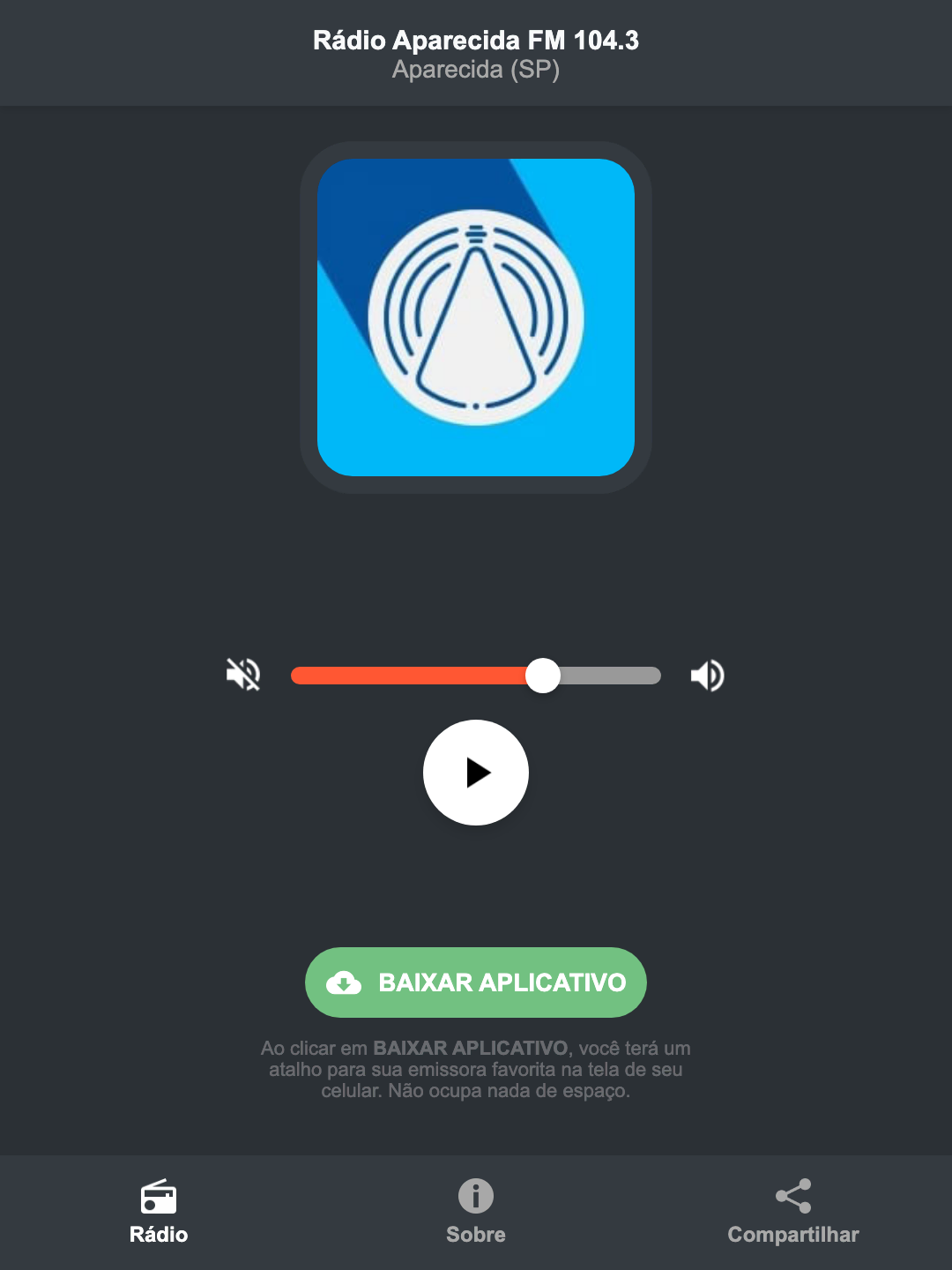 Screenshot do aplicativo da Rádio Aparecida FM 104.3