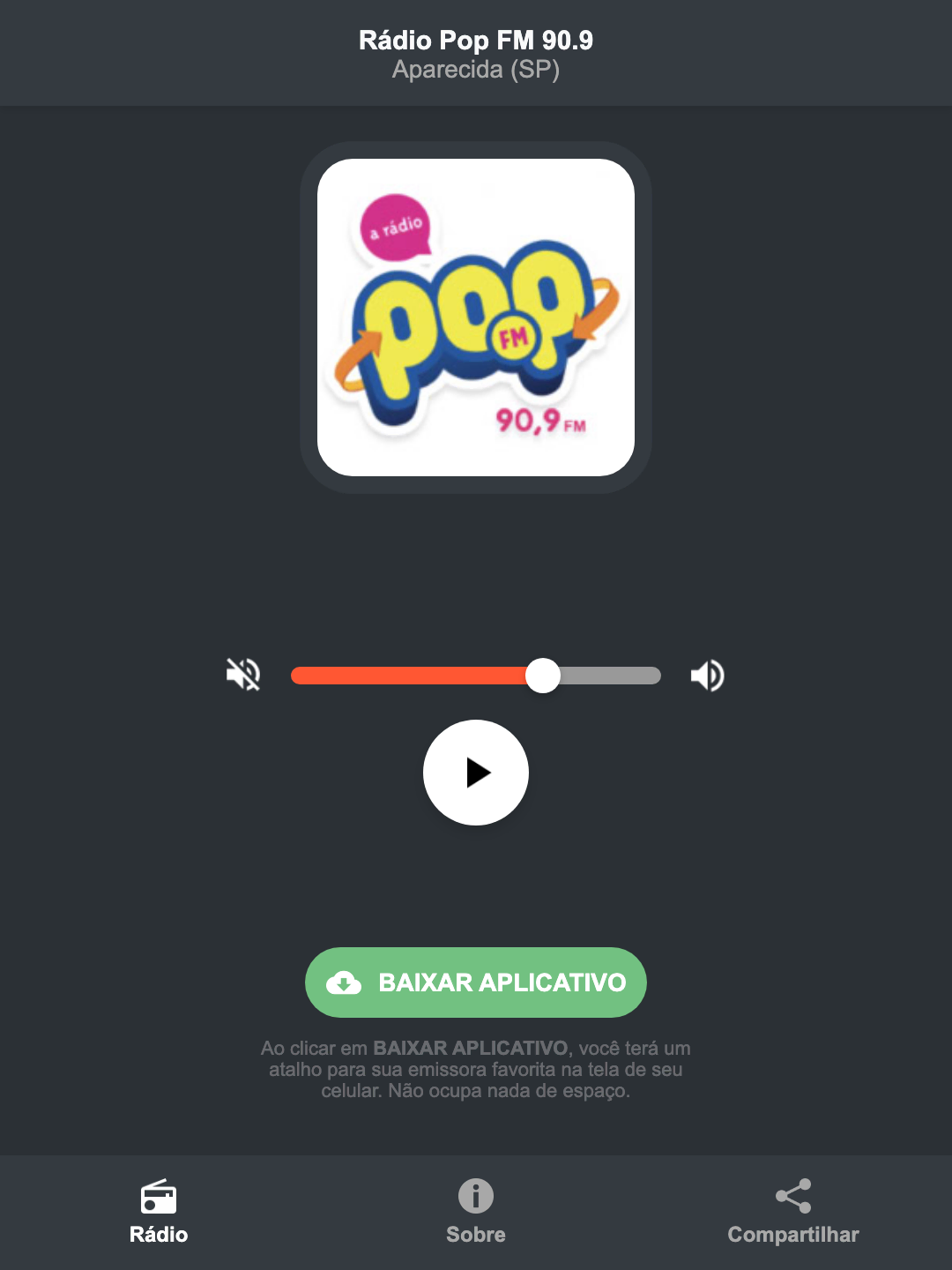 Screenshot do aplicativo da Rádio Pop FM 90.9