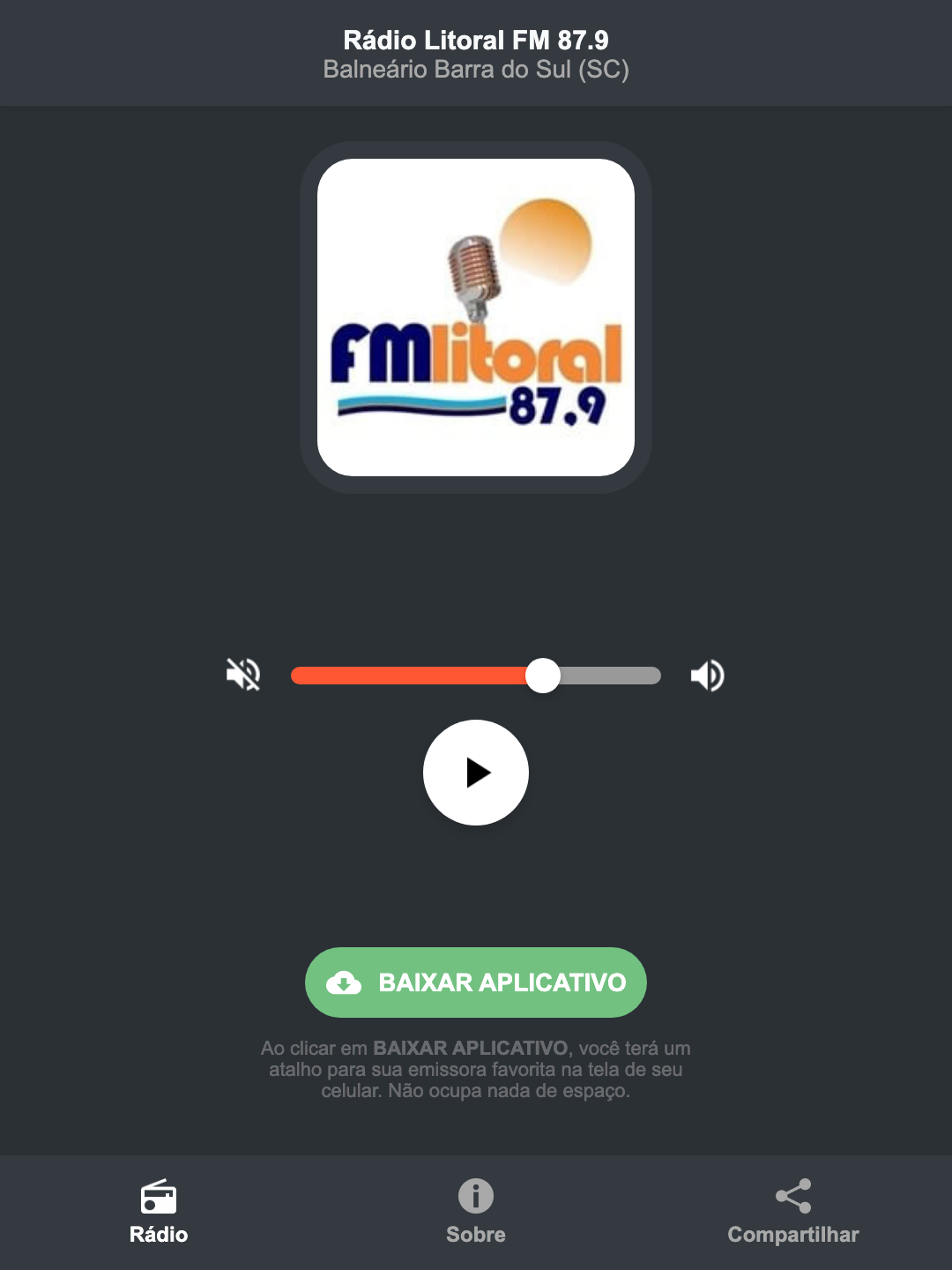 Screenshot do aplicativo da Rádio Litoral FM 87.9